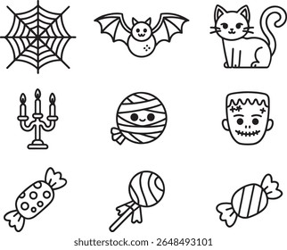 Cute Halloween Icons Featuring Classic Imagery with a Playful Style including a Bat, Cat, Candy, and Monster