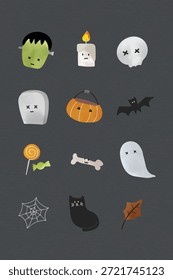 Cute Halloween icons featuring a ghost, pumpkin, bat, and more. Halloween-themed with spooky and fun designs. Perfect for Halloween decorations. Cute Halloween design elements vector set.