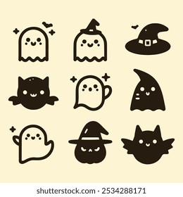 Iconos lindos de Halloween: fantasmas, murciélagos y sombreros de bruja, adorable conjunto de iconos de Halloween: fantasmas, gatos y brujas, iconos de Halloween minimalistas con lindos fantasmas y murciélagos.