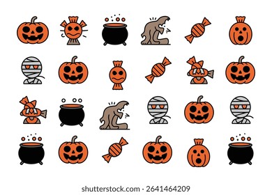 Cute Halloween Icons – Pumpkins, Candy, Mummies, Monsters and Cauldrons