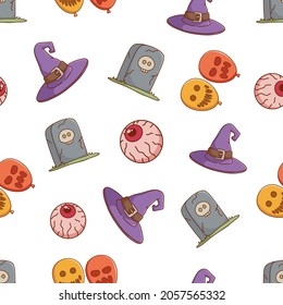 cute halloween icons seamless pattern with eye ball, witch hat, halloween balloons and, tombstone on white background