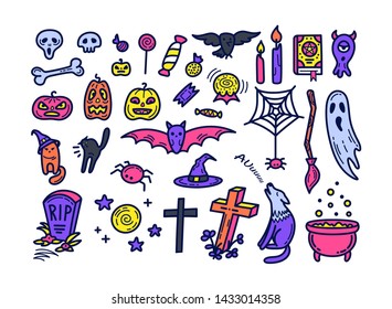 Cute halloween icons set in doodle style. Vector illustration.