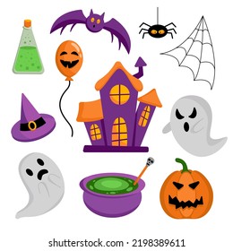 Cute Halloween icons. Vector flat set of elements for Halloween. Ghost, pumpkin, hat, house, spider web, potion, bat