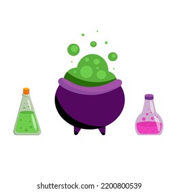 Cute Halloween icons. Vector flat set of elements for Halloween. Witchcraft and terrible potion