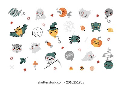 Cute Halloween icons Vector Set. Kawaii halloween Characters: Ghosts, Balloons, Animals, Pumpkin, Skull etc. Fun Collection for Kids.