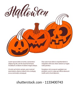 Cute Halloween illustrated background with pumpkins. With a place for text. Vector illustration