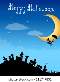 cute Halloween illustration - an adventurous spider flying with his umbrella on a beautiful starry night