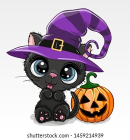 Cute Halloween illustration of Cartoon cat with pumpkin on a white background