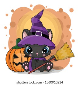Cute Halloween illustration of Cartoon cat with pumpkin on a white background