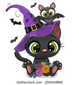 Cute Halloween illustration of Cartoon cat with bat on a white background