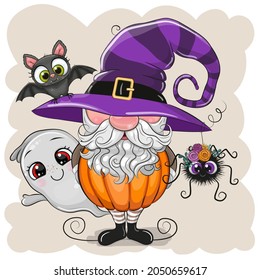 Cute Halloween illustration of Cartoon Gnome with bat on a gray background