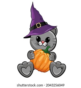 Cute Halloween illustration with a cartoon gray cat in a witch hat with pumpkin  isolated on a white background. Cartoon vector illustration.