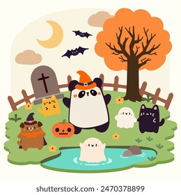 Lindo Halloween Ilustración con Panda y Amigos en Disfraces Espeluznantes. Escena de Halloween con panda, fantasmas y amigos animales.