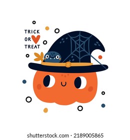 Cute halloween illustration with pumpkin, spider, in hat. Trick or treat festive poster. Halloween card, party print for kids