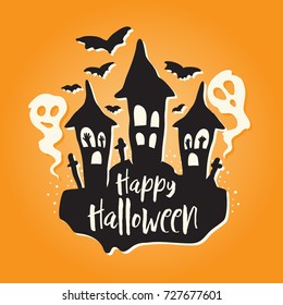 Cute halloween illustration with spooky ghosts and bats. "Happy Halloween!" lettering for greeting card, poster or print. Stylish design template.