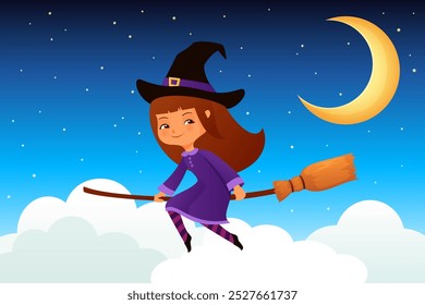 cute Halloween illustration of a witch girl flying on her broom across a starry night sky. Beautiful cartoon illustration for children.