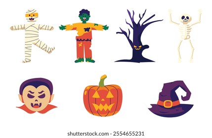 Cute Halloween illustrations featuring a mummy, zombie, skeleton, jack-o'-lantern, and witch's hat.