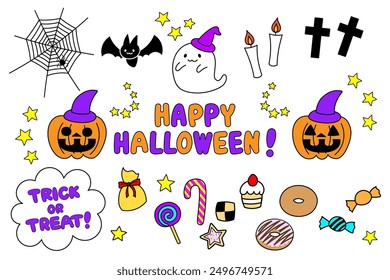 Cute Halloween illustrations (pumpkins, bats, spider webs, ghosts, sweets, etc.)