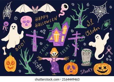 Cute Halloween illustrations set pumpkin, ghost, bat, scary trees and grave vector illustration set.