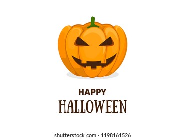 Cute halloween invitation or greeting card template with cute smiling orange pumpkin and text Happy Halloween. Can be used for banner, poster and web design. Vector flat cartoon illustration.