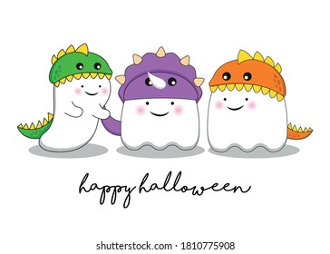 Cute halloween invitation or greeting card. 3 cute ghost wearing dinosaur costume