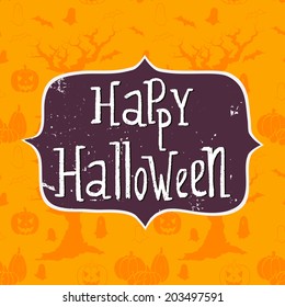 Cute halloween invitation or greeting card template with frame and hand written Happy Halloween lettering. Doodle seamless pattern with cartoon spooky tree, ghost, bat, pumpkin and Jack-o'-lantern.