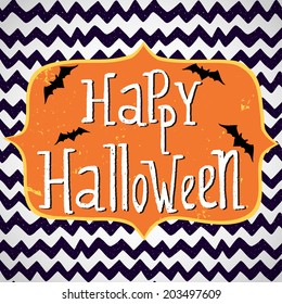 Cute halloween invitation or greeting card template with cartoon bats on hand drawn doodle chevron background. Hand written Happy Halloween lettering and frame for the text.