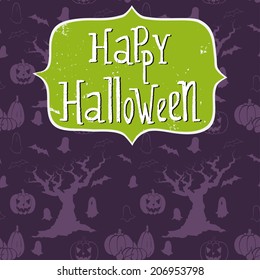 Cute halloween invitation or greeting card template with frame and hand written Happy Halloween lettering. Doodle seamless pattern with cartoon spooky tree, ghost, bat, pumpkin and Jack-o'-lantern.