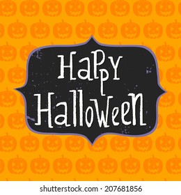Cute halloween invitation or greeting card template with frame and hand written Happy Halloween lettering. Doodle seamless pattern with cartoon spooky Jack-o'-lantern pumpkin.