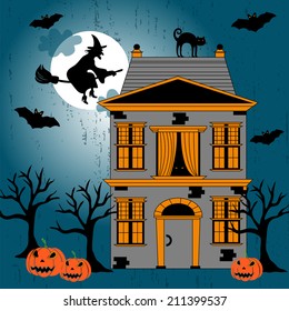 Cute halloween invitation or greeting card template with cartoon Jack-o'-lantern and bats on hand drawn doodle chevron background. 