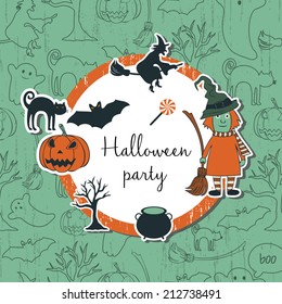 Cute halloween invitation or greeting card. Used for wallpaper, pattern fills, web page background,surface textures.