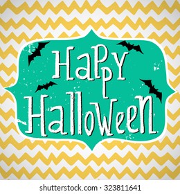 Cute Halloween invitation or greeting card template with cartoon bats on hand drawn doodle chevron background. Hand written Happy Halloween lettering and frame for the text.
