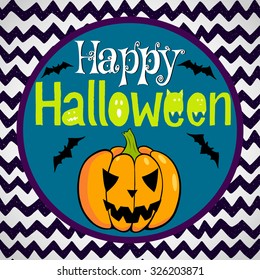 Cute halloween invitation or greeting card template with cartoon Jack-o'-lantern and bats on hand drawn doodle chevron background. Hand written Happy Halloween lettering and cartoon spooky pumpkin.