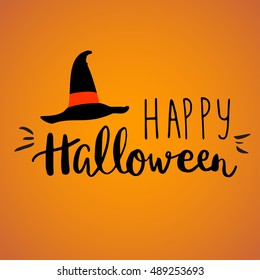 Cute halloween invitation or greeting card template with black witch hat and hand written lettering phrase Happy Halloween. Can be used for banner, poster and web design