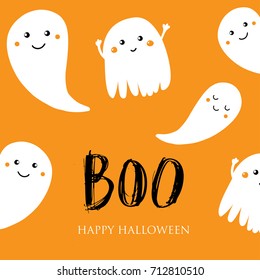 Cute halloween invitation or greeting card. Small smiling ghosts and text Boo. Can be used for wallpaper, greeting cards, invitation, textile patterns, web page background, 