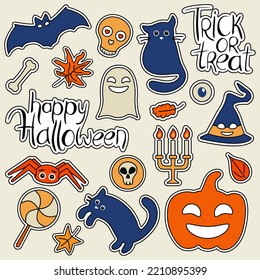 Cute Halloween items - sweets, black cat, pumpkin, bones, leaves, spider. Lettering. A set of stickers in the theme of the holiday. Vector illustration