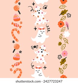 Cute Halloween Items Vector Seamless Vertical Borders Set