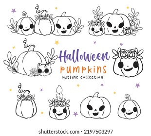 Cute Halloween Jack O Lantern Pumpkin Kawaii Face Set Cartoon Outline Doodle Set Vector For Colouring Book