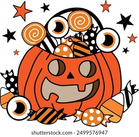 Cute Halloween Jack-O'-Lantern candy basket with spooky sweets and eyeballs for decorating invitations, greeting cards, celebration cards, posters, stickers, party decoration