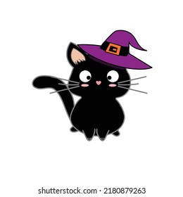 Cute Halloween Kawaii Black Cat With Big Eyes And Funny Face In Cartoon Style. Character For Kids Greeting Card Holiday Accessories Stickers