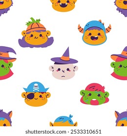Cute Halloween kids avatars vector cartoon seamless pattern background.