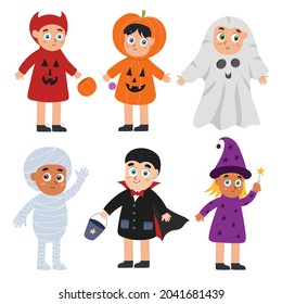 Cute Halloween kids set. Boys and girls wearing devil, witch, pumpkin, vampire and mummy costumes. Funny trick or treat children. Mummery clipart collection. Vector illustration