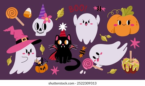 Bonito conjunto de crianças Halloween. Abóbora engraçada, gato drácula, fantasma, crânio e morcego. Temporada Assustadora. Estilo de desenho animado moderno. Ilustrações isoladas de vetores planos