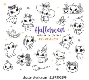 cute Halloween kitten, kawaii cat Halloween costume set cartoon outline doodle set vector for colouring book