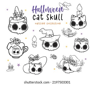 cute Halloween kitten skull face with witch hat,  kawaii cat skull head Halloween elements set cartoon outline doodle set vector for colouring book