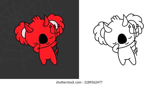 Cute Halloween Koala Clipart for Coloring Page and Illustration. Happy Clip Art Halloween Koala Bear. Cute Vector Illustration of a Kawaii Halloween Animal in Devil Costume.
