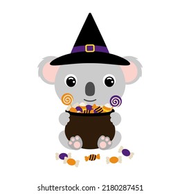 Cute Halloween koala in witch hat holding a pot with candies. Cartoon animal character for kids t-shirts, nursery decoration, baby shower, greeting card, invitation. Vector stock illustration