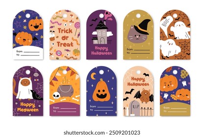 Cute Halloween labels and tags set. Gift decorations, October holiday card designs with pumpkins, ghosts, bats. Helloween templates. Funny kids flat vector illustration isolated on white background