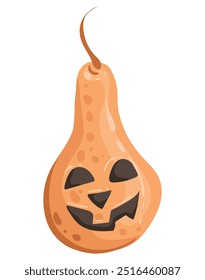 Cute Halloween laughing pumpkin. Vector sticker of elongated pumpkin with smile. Witchcraft or dark magic element drawing isolated on white background.