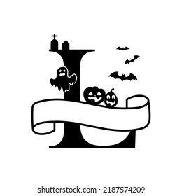 Cute Halloween letter L split monogram. Cartoon ghost, pumpkin, bat for kids t-shirt, nursery decoration, baby shower, greeting card, invitation, scrapbooking, home decor. Vector stock illustration.